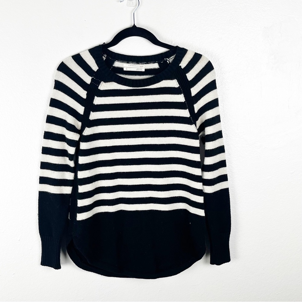 ANTHROPOLOGIE Rebekah Black White Striped Round Hemline Side Vents Sweater XS